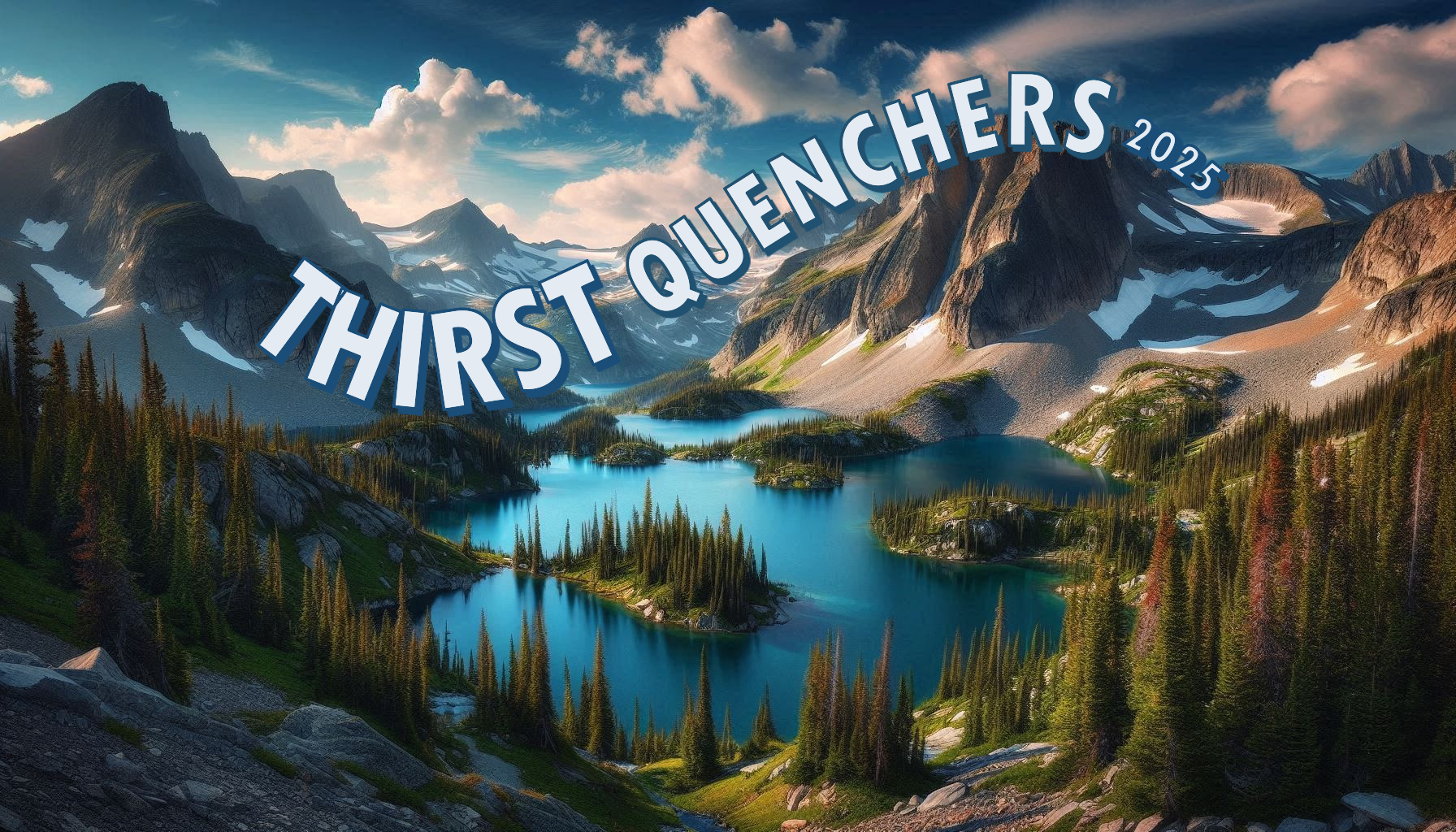 ThirstQuenchers Image - A representation of mountains and a lake with the words Thirst Quengers 2025 across the surreal picture